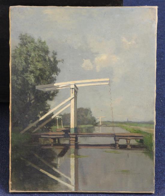 Bernard Schregel, oil on canvas, Dutch bridges, signed, 39 x 31cm. unframed.